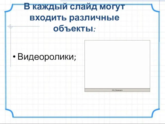 В каждый слайд могут входить различные объекты: Видеоролики;