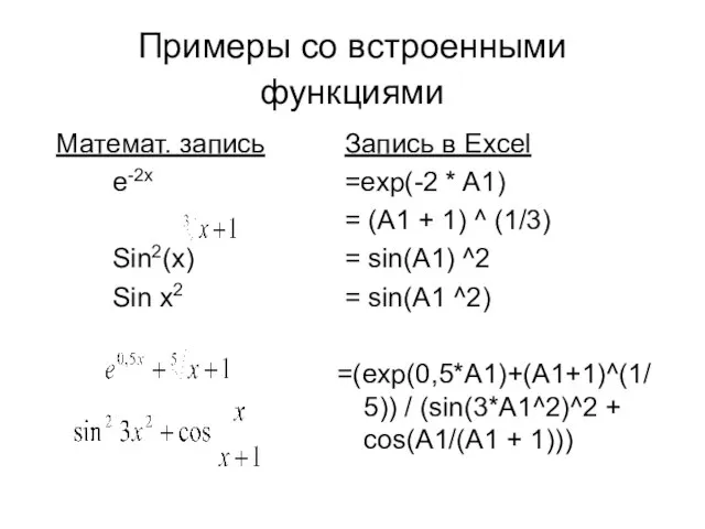 Примеры со встроенными функциями Математ. запись e-2x Sin2(x) Sin x2 Запись в