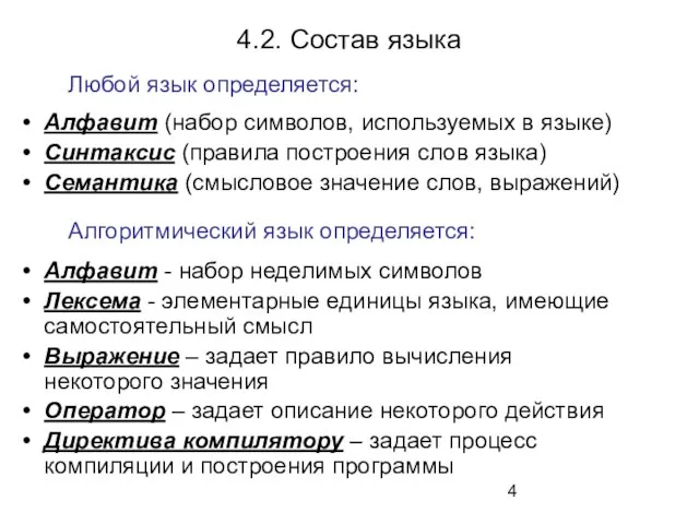 4.2. Cостав языка Алфавит (набор символов, используемых в языке) Синтаксис (правила построения