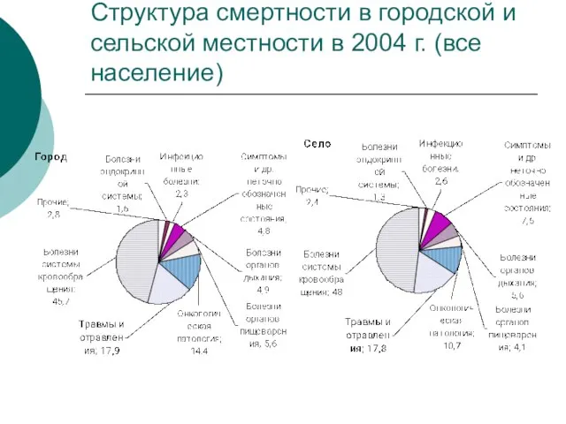 Структура смертности в городской и сельской местности в 2004 г. (все население)