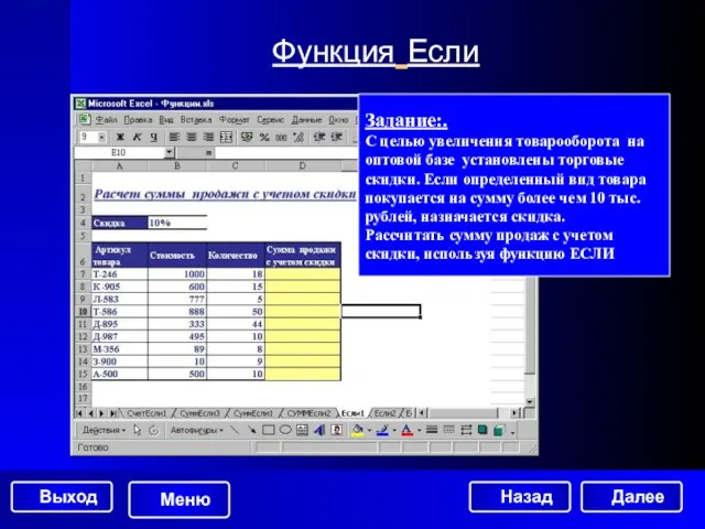 Функция Если Задание:. С целью увеличения товарооборота на оптовой базе установлены торговые