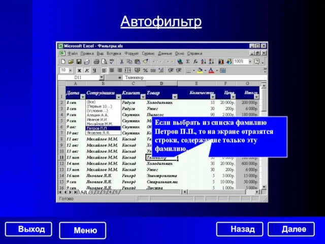 Автофильтр Если выбрать из списка фамилию Петров П.П., то на экране отразятся