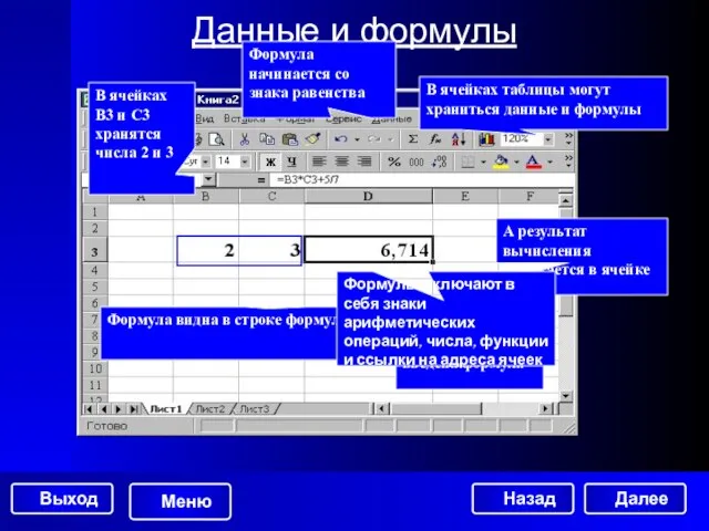 Данные и формулы В ячейках таблицы могут храниться данные и формулы В