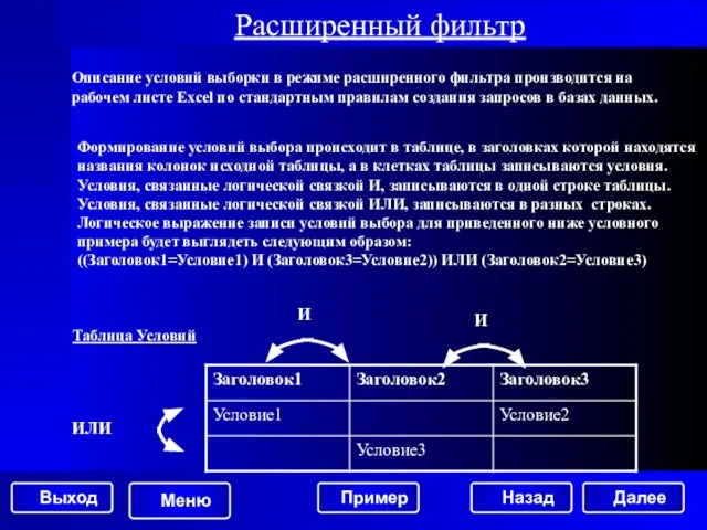 Формирование условий выбора происходит в таблице, в заголовках которой находятся названия колонок