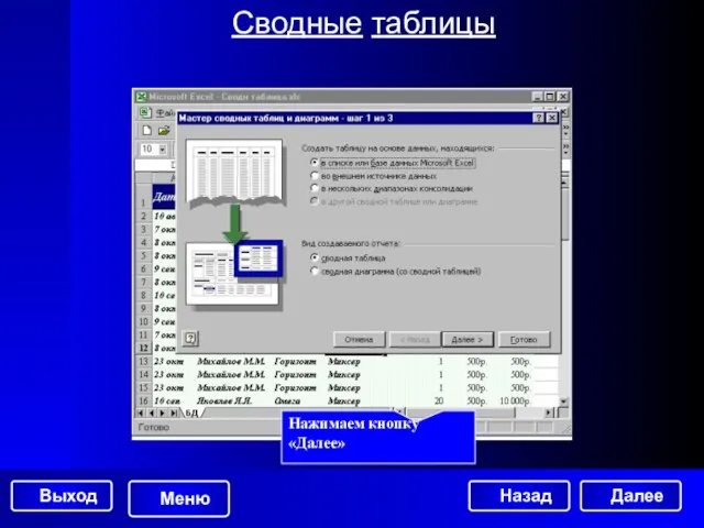 Сводные таблицы Нажимаем кнопку «Далее» Далее