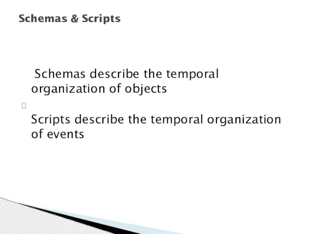 Schemas describe the temporal organization of objects Scripts describe the temporal organization