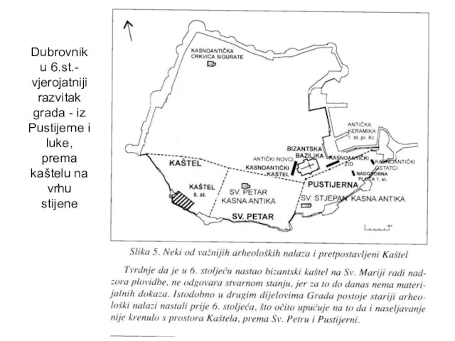 Dubrovnik u 6.st.- vjerojatniji razvitak grada - iz Pustijerne i luke, prema kaštelu na vrhu stijene
