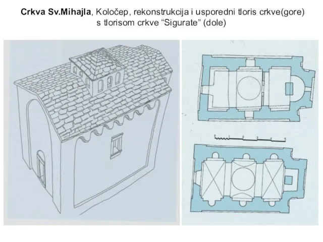 Crkva Sv.Mihajla, Koločep, rekonstrukcija i usporedni tloris crkve(gore) s tlorisom crkve “Sigurate” (dole)