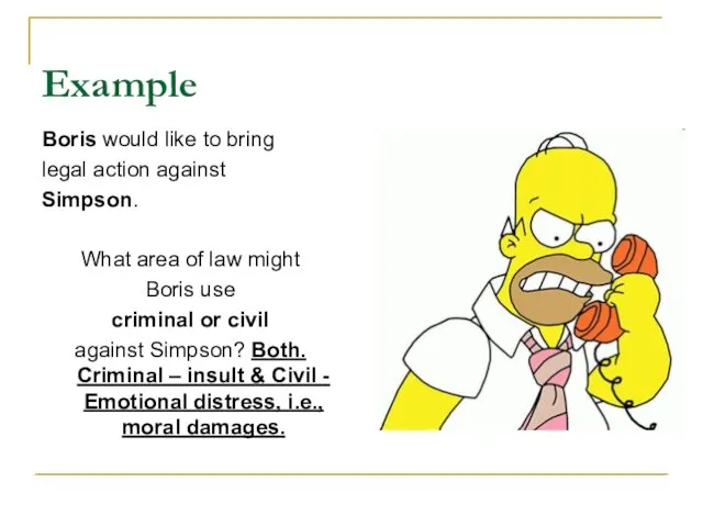 Example Boris would like to bring legal action against Simpson. What area