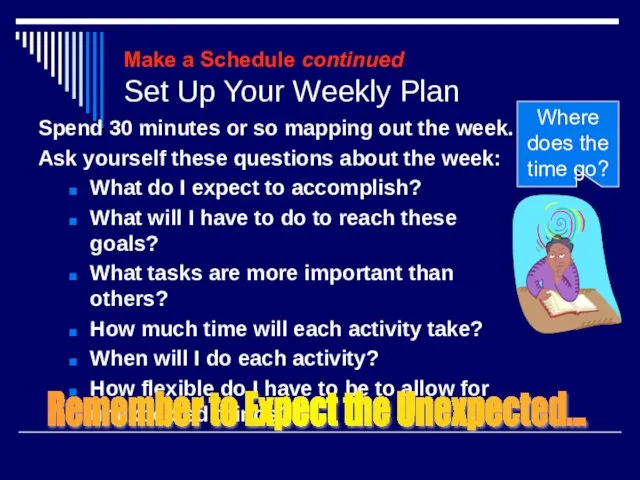 Make a Schedule continued Set Up Your Weekly Plan Spend 30 minutes