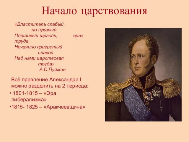 Начало царствования Всё правление Александра I можно разделить на 2 периода: 1801-1815