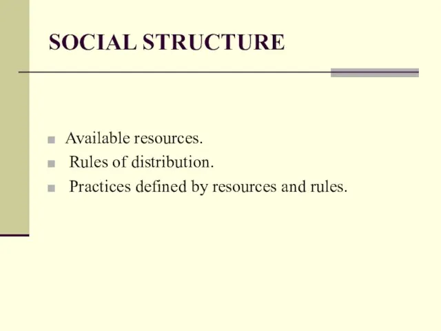 SOCIAL STRUCTURE Available resources. Rules of distribution. Practices defined by resources and rules.