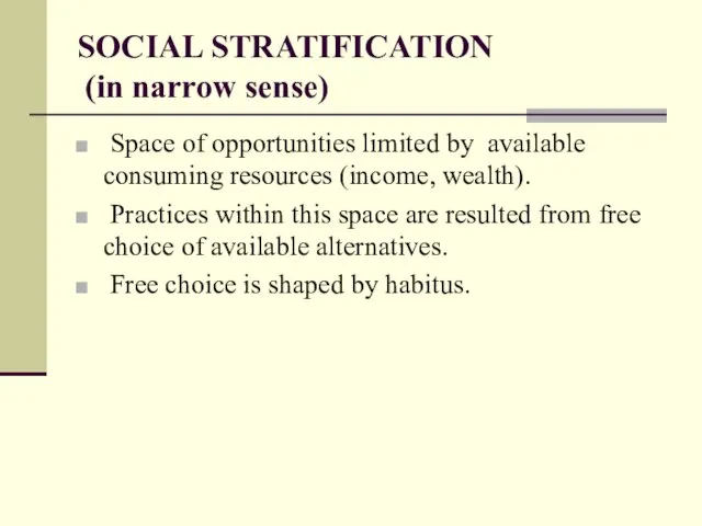 SOCIAL STRATIFICATION (in narrow sense) Space of opportunities limited by available consuming