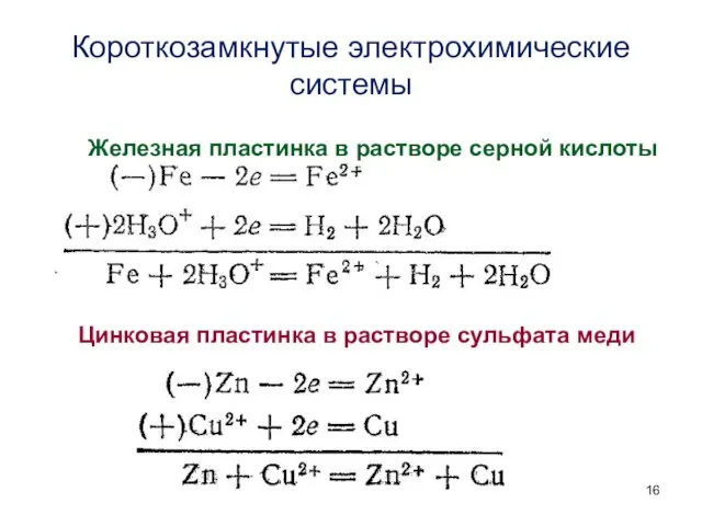 Короткозамкнутые электрохимические системы Железная пластинка в растворе серной кислоты Цинковая пластинка в растворе сульфата меди