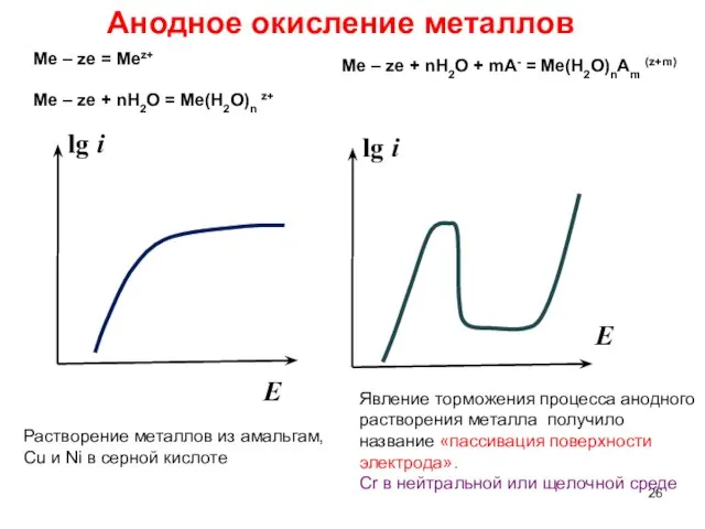 Анодное окисление металлов lg i E lg i E Растворение металлов из