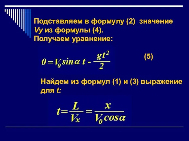 Подставляем в формулу (2) значение Vy из формулы (4). Получаем уравнение: (5)