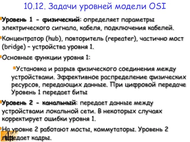 Уровень 1 - физический: определяет параметры электрического сигнала, кабеля, подключения кабелей. Концентратор