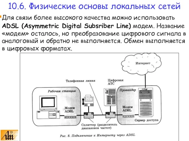 Для связи более высокого качества можно использовать ADSL (Asymmetric Digital Subsriber Line)