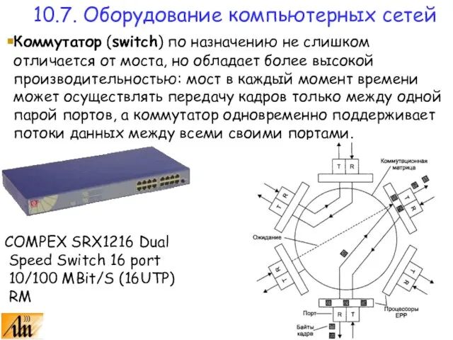 Коммутатор (switch) по назначению не слишком отличается от моста, но обладает более