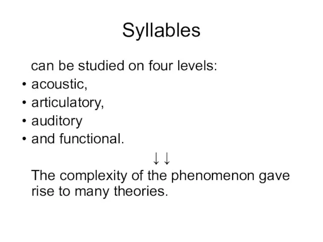 Syllables can be studied on four levels: acoustic, articulatory, auditory and functional.