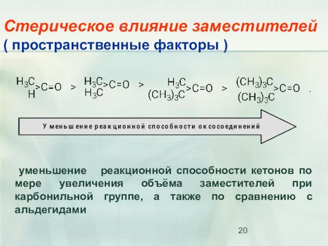 Стерическое влияние заместителей ( пространственные факторы ) уменьшение реакционной способности кетонов по