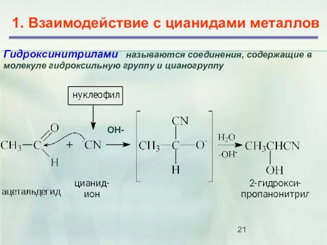 1. Взаимодействие с цианидами металлов Гидроксинитрилами называются соединения, содержащие в молекуле гидроксильную группу и цианогруппу ОН-