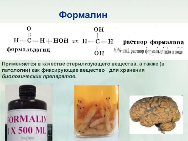 Формалин Применяется в качестве стерилизующего вещества, а также (в патологии) как фиксирующее