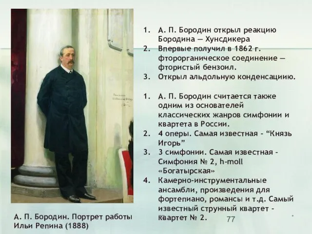 А. П. Бородин открыл реакцию Бородина — Хунсдикера Впервые получил в 1862