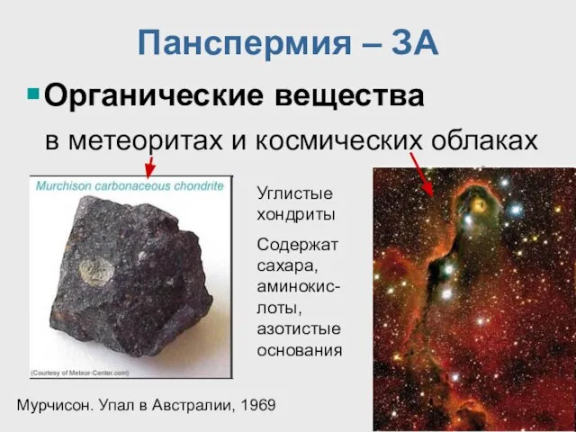 Панспермия – ЗА Органические вещества в метеоритах и космических облаках Углистые хондриты