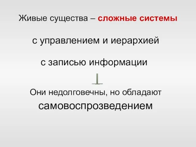 Живые существа – сложные системы с управлением и иерархией Они недолговечны, но