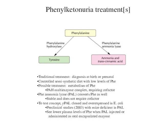 Phenylketonuria treatment[s] Traditional treatment: diagnosis at birth or prenatal Controlled semi-synthetic diet