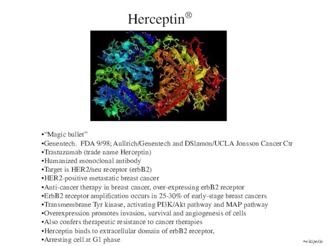 Herceptin® “Magic bullet” Genentech. FDA 9/98; Aullrich/Genentech and DSlamon/UCLA Jonsson Cancer Ctr