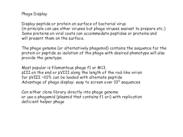 Phage Display Display peptide or protein on surface of bacterial virus (in