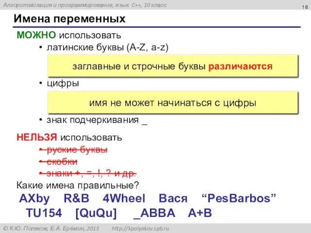 Имена переменных МОЖНО использовать латинские буквы (A-Z, a-z) цифры знак подчеркивания _