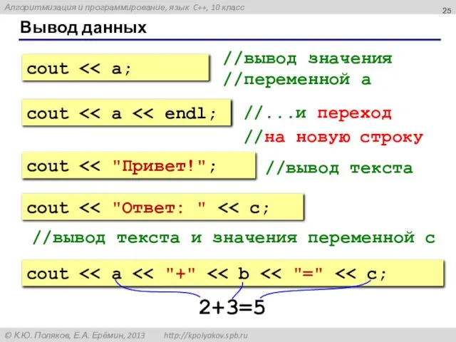 Вывод данных //вывод значения //переменной a //...и переход //на новую строку cout