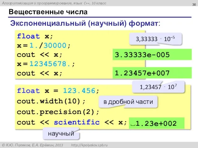 Вещественные числа Экспоненциальный (научный) формат: float x; x = 1./30000; cout x