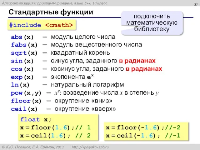 Стандартные функции abs(x) — модуль целого числа fabs(x) — модуль вещественного числа