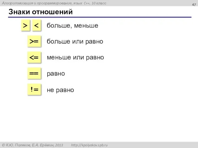 Знаки отношений > >= == != больше, меньше больше или равно меньше