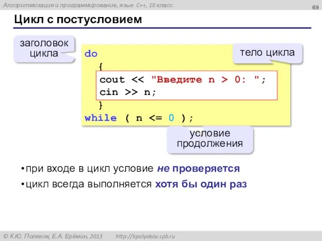 Цикл с постусловием do { } while ( n условие продолжения заголовок