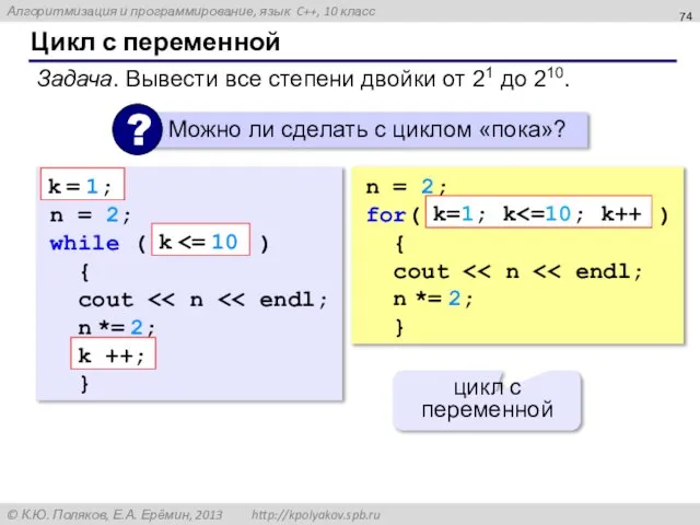 Цикл с переменной Задача. Вывести все степени двойки от 21 до 210.