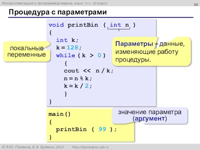 Процедура с параметрами main() { printBin ( 99 ); } значение параметра