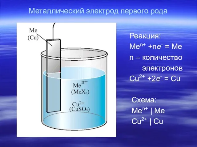 Металлический электрод первого рода Реакция: Men+ +ne- = Me n – количество