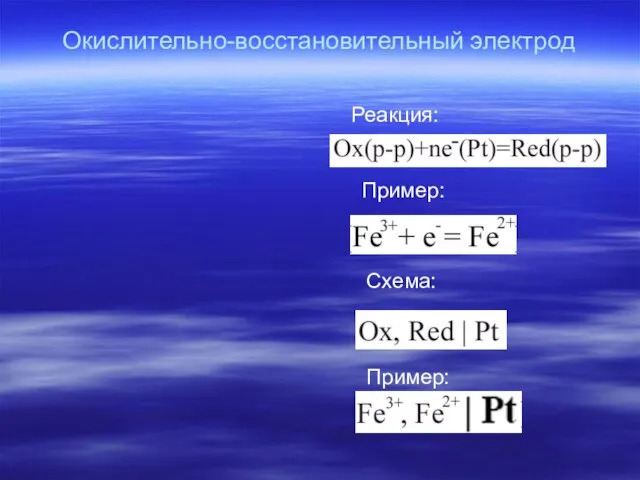 Окислительно-восстановительный электрод Реакция: Пример: Пример: Схема: