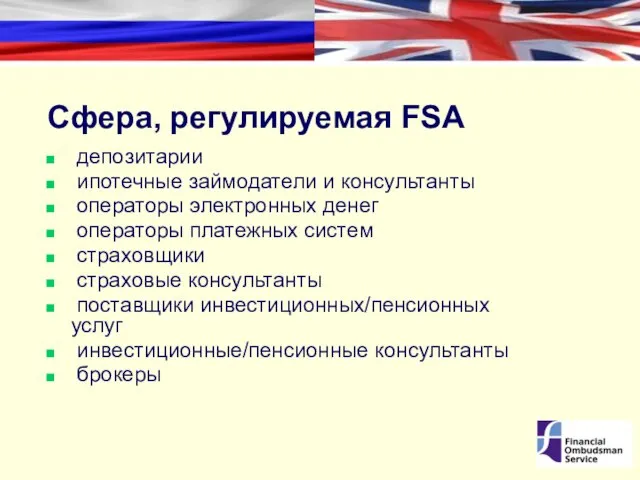 Сфера, регулируемая FSA депозитарии ипотечные займодатели и консультанты операторы электронных денег операторы