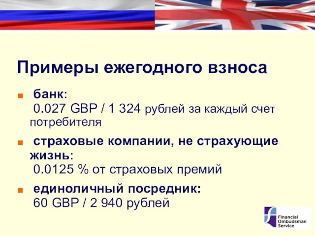 Примеры ежегодного взноса банк: 0.027 GBP / 1 324 рублей за каждый