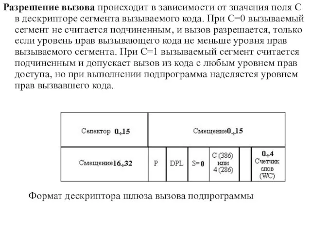 Разрешение вызова происходит в зависимости от значения поля C в дескрипторе сегмента