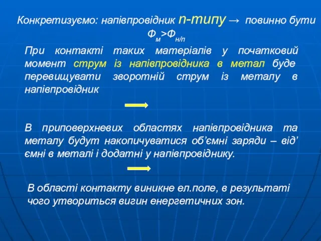 При контакті таких матеріалів у початковий момент струм із напівпровідника в метал