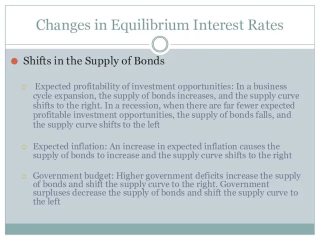 Changes in Equilibrium Interest Rates Shifts in the Supply of Bonds Expected