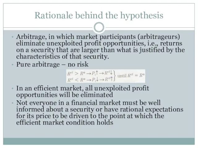 Rationale behind the hypothesis Arbitrage, in which market participants (arbitrageurs) eliminate unexploited