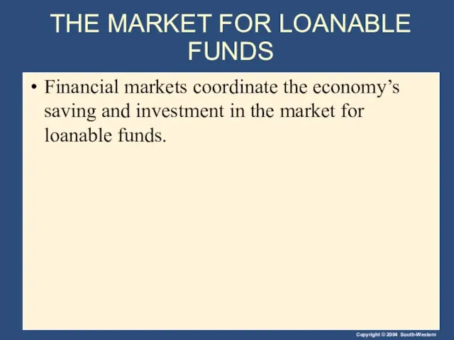 THE MARKET FOR LOANABLE FUNDS Financial markets coordinate the economy’s saving and